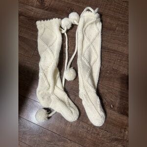 Indigo Cream Knit Socks with Pom Poms